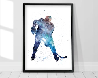 Hockey player watercolor art, Hockey player printable art, Hockey poster, Hockey player silhouette, Boys wall decor, Instant download