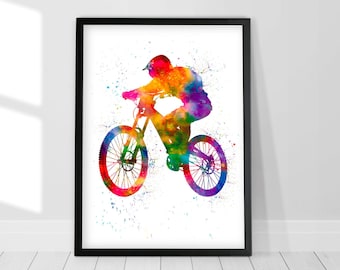 Mountain Bike watercolor printable art, Downhill Biker, Cyclist Art, Sport Poster, MTB Wall art, MTB freerider, Freeride decor, Bicycle Art