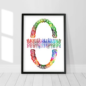 Aquarel kunst menselijke tanden, afdruk tandgrafiek, tandarts cadeau, tandartspraktijk inrichting, anatomische kunst, medische poster, aquarel anatomie print