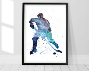 Hockey Player Decor - Watercolor Print, Ice Hockey art, Giclée Print, Winter sports art, Boys wall decor, Ice Hockey, Sport Decor, Home Art