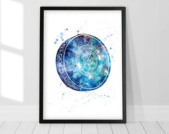 Hockey Puck Print, NHL Wall Art, Hockey Watercolor Painting