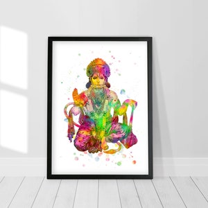 Lord Hanuman Malerei, Hanuman Poster, Hindu Kunstdruck, Meditation Poster, Hindu Gott, Yoga Geschenk, spirituelle Wandkunst, Aquarell