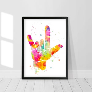 ASL Kocham Cię, Amerykański Język Migowy Akwarela Druk, Miłość Znak Dłoni, Ornament Języka Migowego