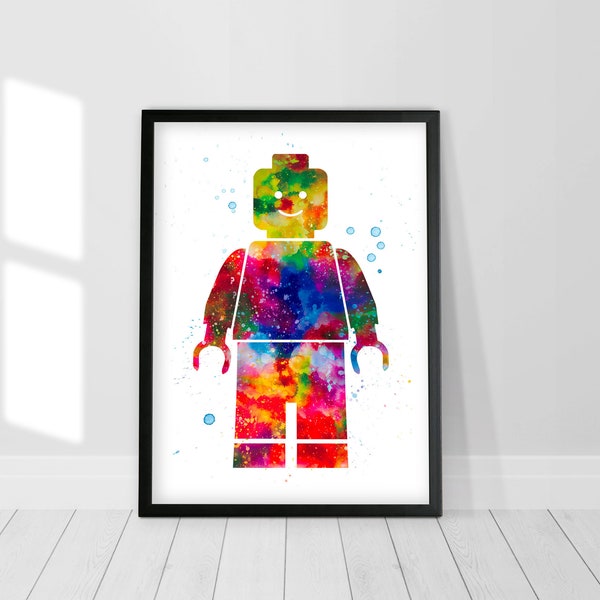 Art figurine Lego Man - Impression aquarelle, décoration de chambre d'enfant pour garçons, art mural, décoration murale, peinture à l'aquarelle, cadeau d'anniversaire, art mural pour chambre d'enfant