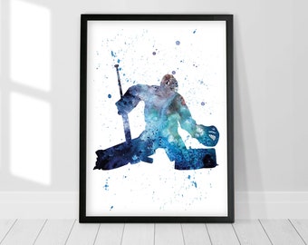 Hockey goalie watercolor art, Hockey print, Hockey poster, Goalie silhouette, Boys wall decor, Ice Hockey Print, Hockey puck, Sport gift