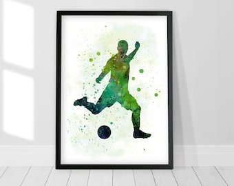 Soccer player watercolor art, Soccer printable art, Soccer poster, Soccer player silhouette, Football player, Boys wall decor, Sport decor