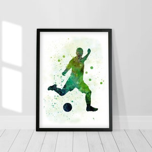 Arte de acuarela de jugador de fútbol, arte imprimible de fútbol, póster de fútbol, silueta de jugador de fútbol, jugador de fútbol, decoración de pared para niños, decoración deportiva