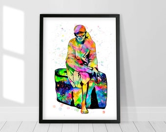 Sai Baba painting, Shirdi Sai Baba poster, Spiritual decor, Hindu art print, Meditation poster, Yoga gift, Fakir