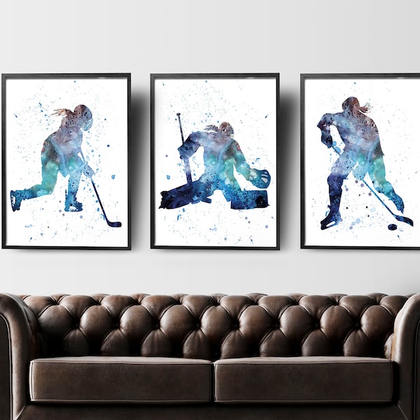 Hockey Girls watercolor art, Set of 3 printable wall art, Female Hockey Goalie, Hockey Player, Girl wall decor, Ice Hockey, Instant download