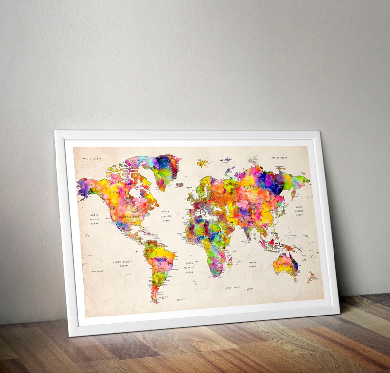 World Map Watercolor Wall Art Map of the World Map Art Etsy