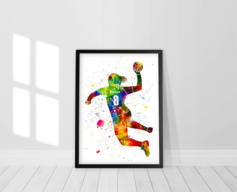 Personalized Handball Girl Player Watercolor Print Poster Gift for Her COLORFUL