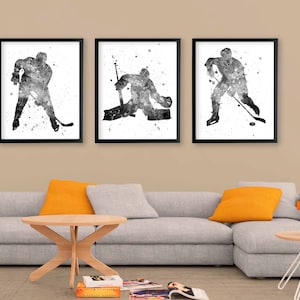 Set of 3 hockey prints, Extra large wall art, Ice hockey goalie, Black and white prints, Watercolor painting, Sport decor, Boys room print
