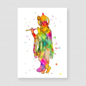 Lord Krishna Aquarell: Hindu Gott Kunstdruck