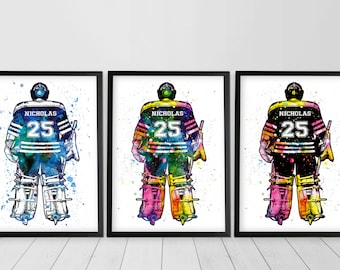 Personalisierter Hockey-Torwart-Druck, personalisiertes Hockey-Geschenk, Eishockey-Torwart, individuelle Hockey-Aquarellkunst, Hockey-Geschenke für Jungen