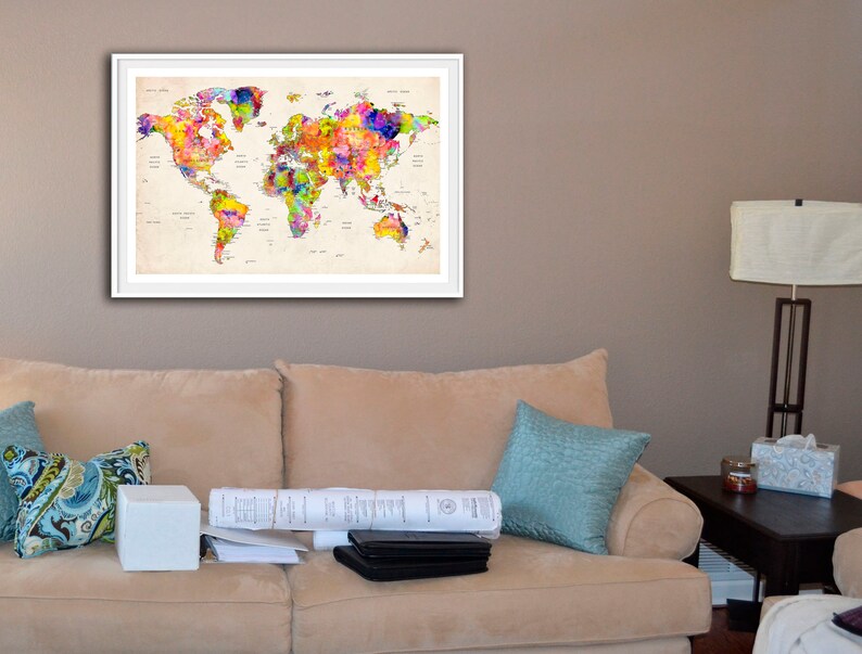 World Map Watercolor Wall Art Map of the World Map Art Etsy
