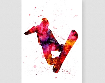Impression aquarelle de snowboard : art mural giclée sports d'hiver