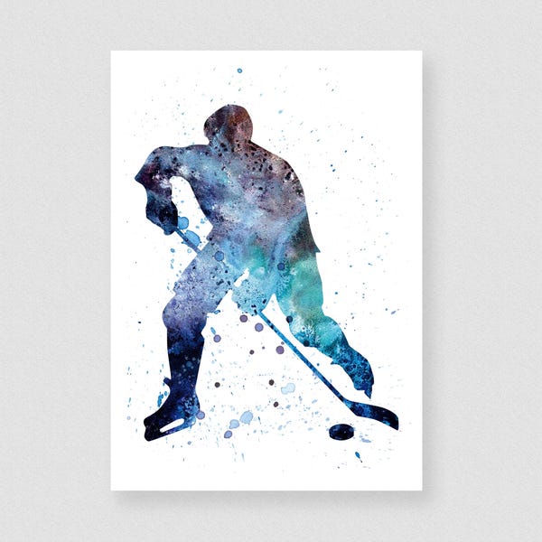Stampa giclée ad acquerello di un giocatore di hockey: arte degli sport invernali