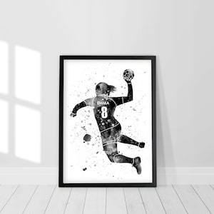 Personalized Handball Girl Player Watercolor Print Poster Gift for Her B & W