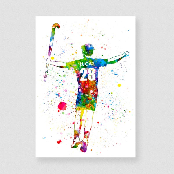 Personalized Field Hockey Boy Watercolor Art Print