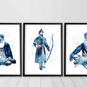 Sikh Gurus Wall Art, Set of 3 Prints Blue, Guru Nanak Painting, Guru Gobind Singh Painting, Baba Deep Singh, Set of 3 digital download