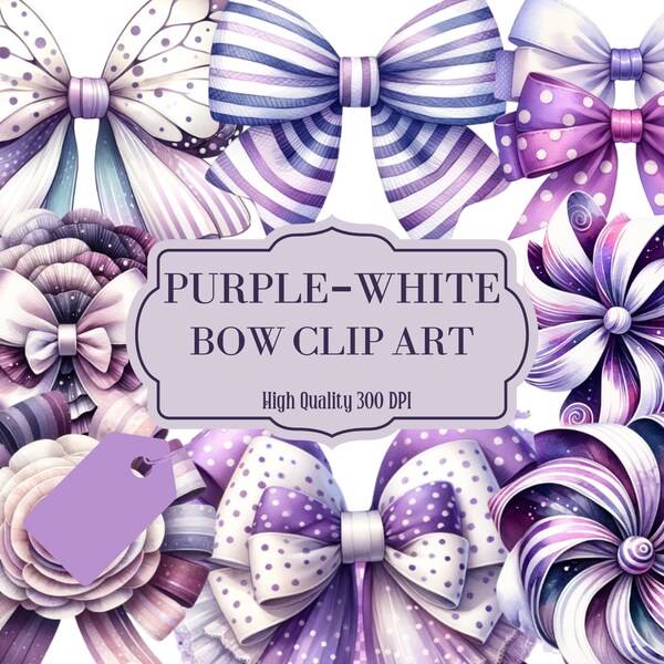 Set of 12 Coquette Bow Clip Art - Elegant Watercolor Bows in Purple-White Shades, Digital Download for Crafting and Design