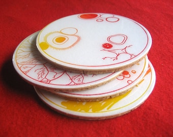 Petri Dish Coasters / red, yellow with resin and cork / nerdy coaster set / biology home decor / gift for biologist / science art for home