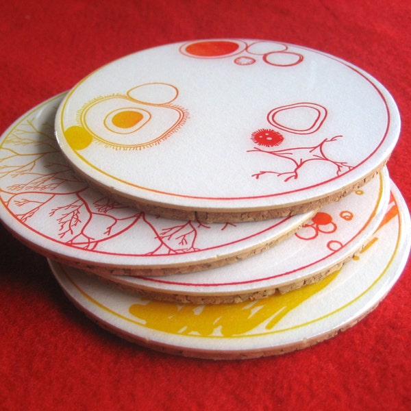 Petri Dish Coasters / red, yellow with resin and cork / nerdy coaster set / biology home decor / gift for biologist / science art for home