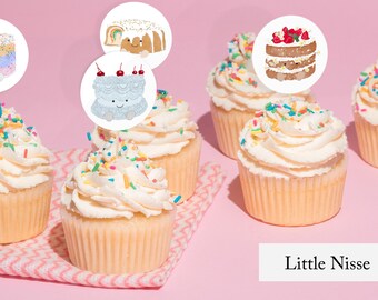 Illustrated cake characters, birthday cupcake toppers - instant download