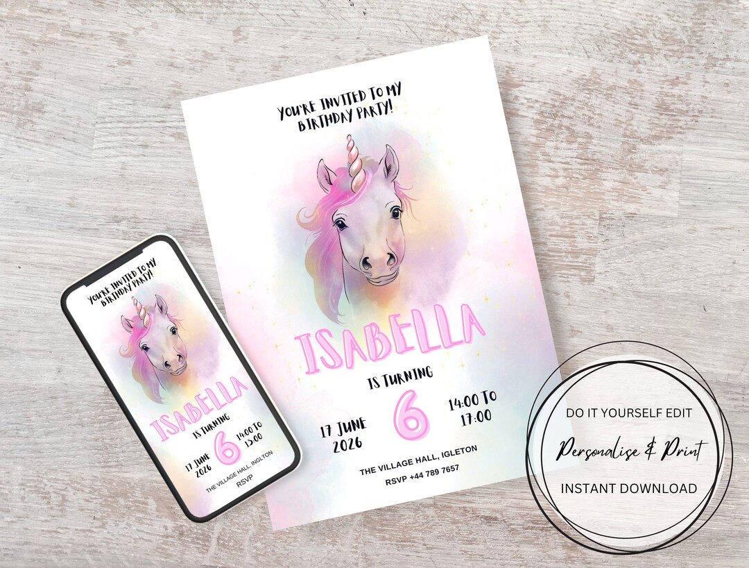 Editable Rainbow Unicorn Invitation Template Modern Birthday Girl ...