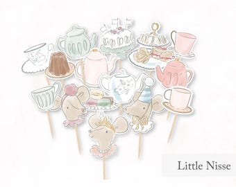 Adornos para cupcakes con temática de ratones para fiesta de té, linda decoración de cumpleaños para niñas - Descarga instantánea