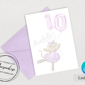 Ballerina mice balloon age greetings card template mauve ballet girls birthday - instant download
