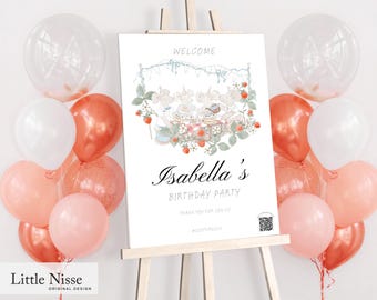 Mice wild strawberry tea party A1 welcome sign template - girls birthday decor - instant download