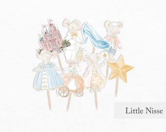 Adornos para cupcakes de cuento de hadas de princesas de ratones, decoración para fiesta de ratones de Cenicienta - descarga instantánea