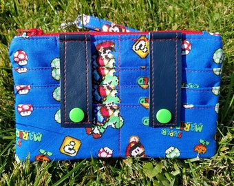 Handmade "Dela" Super Mario World Fabric with Blue Vinyl Card Slots Wallet