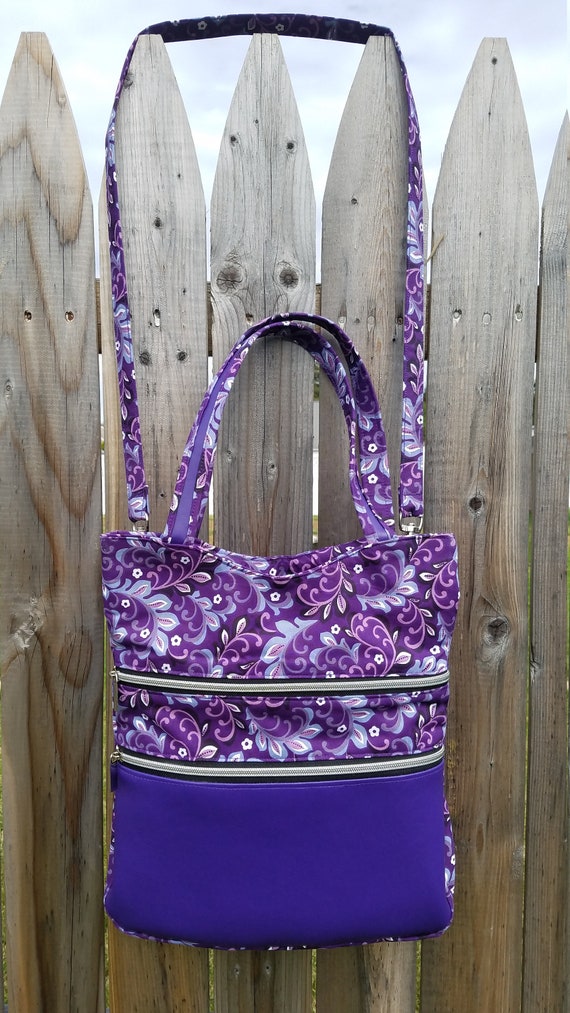 expedition travel tote bag Handmade Purple Vinyl with Purple Floral Fabric Expedition Travel Tote
