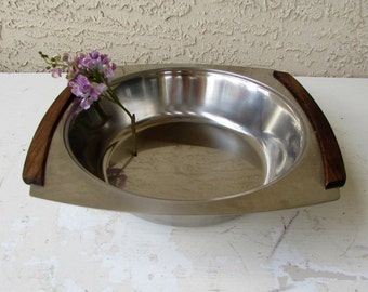 Mid Century Modern Bowl - Stainless and Wood - Teak - Vintage - Danish Modern Serving Bowl - Made in Denmark -