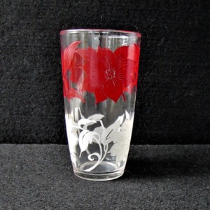 Vintage Glass Christmas Tumbler Barware - Large Red and White Floral Design - Mid Century Glassware - Possible Anchor Hocking