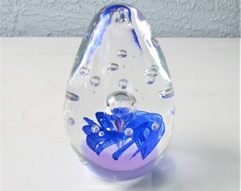 Vintage Blown Glass Paperweight Clear Glass with Cobalt Blue Swirl Design - Egg Shaped Glass Paperweights -