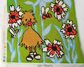 Vintage Needlepoint 1970 39 s Big Bird Duckling- Groovy Floral Needlepoint - Light Blue - Green - Orange - Yellow - Retro Needlepoint
