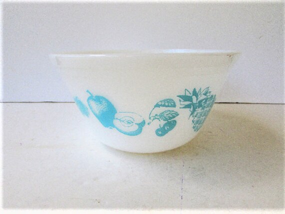 Vintage Federal Milk Glass Fruit Fare Turquoise Aqua Pattern Oven Ware Mixing Bowl set of 4