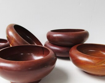 Mid Century Modern Wood Salad Bowls - Set of 6 - Rich Brown Wood Bowls -