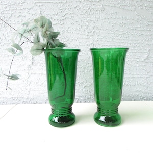 Vintage Green Glass Vases - Pair of Vintage Tall Green Vases  - Vintage Green Glass - Wide Mouth Vase
