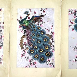 3 Vintage Asian Peacock Paintings on Silk  - Fabulous Mid Century Art - Modern Chinoiserie - Flowers and Peacocks- Bright Saturated Color -