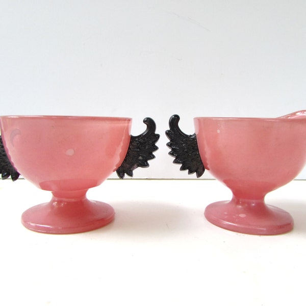 Rare Vintage Westmoreland Glass Salmon Pink and Black Winged Creamer and Sugar Bowl - Depression Glass - Art Deco - Pink and Black - Wings -