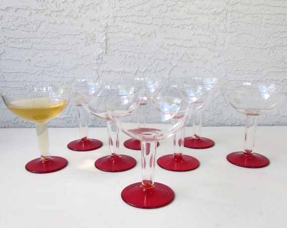 Vintage Coupe Champagne Glasses Set of 8 Coupe Hollow Stem Red Glass Base  Coupe Champagne 