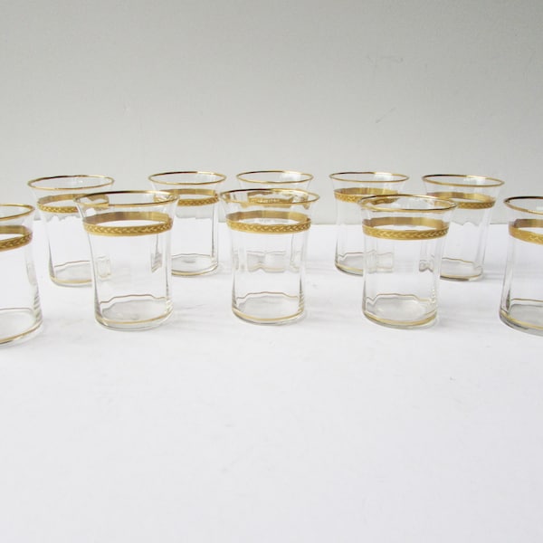 Vintage Gold Banded Whiskey Glass - Tiffin - Optic Glass with Gold Laurel Wreath Pattern - Set of 10