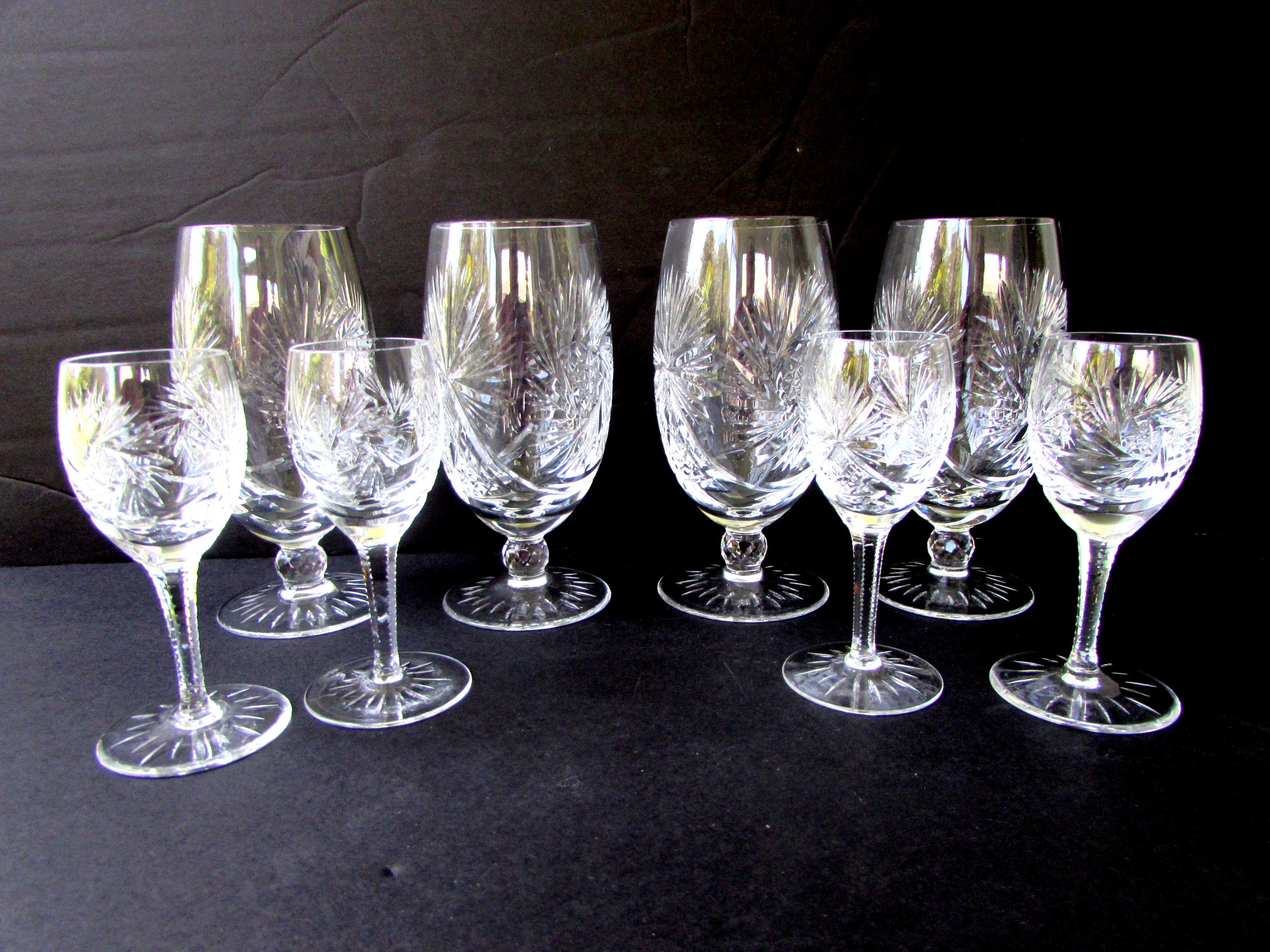 6 Pineapple Cut Crystal Wine Glasses Goblets with Fancy Stems