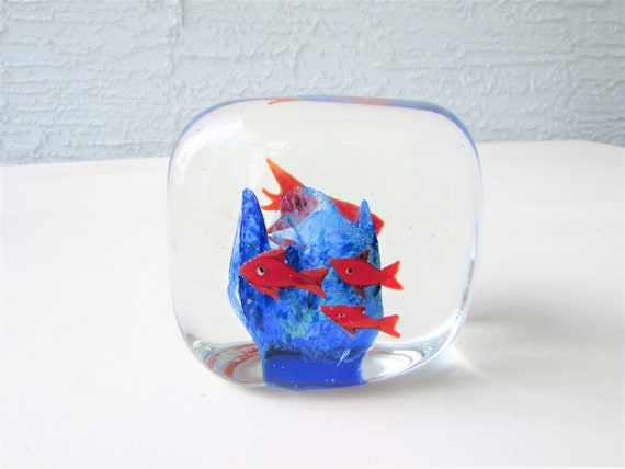 Vintage Blown Glass Paperweight Fish Tank Design Gold Fish Etsy
