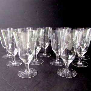 Mid Century Etched Glass Goblet Set: Floral Barware, 11 Piece