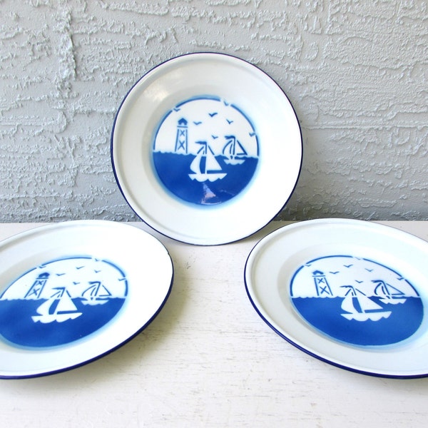 Vintage Tin Sailboat Plates - Blue and White Coastal Decor - Vintage Old Navy Tin Plates - Beach House Decor - Lake House Decor - Lighthouse